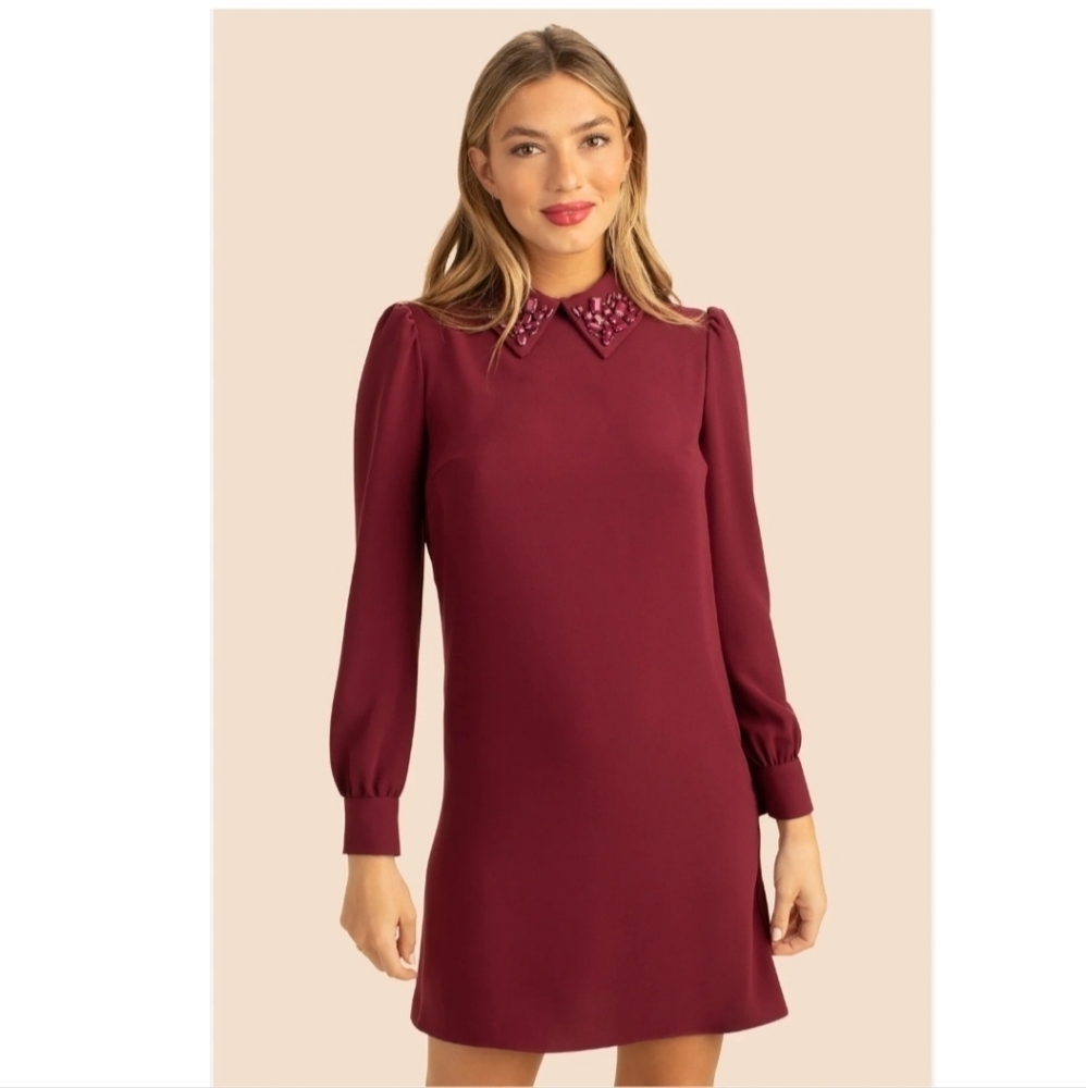 Trina Turk Burgundy Long Sleeve Jewel Collar Shift Dress